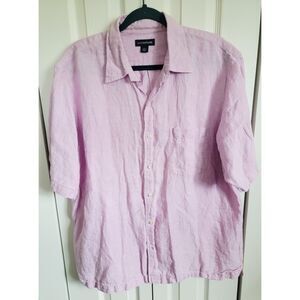 Lands End L 16-16.5 Men's Linen Shirt Pink‎ Button Down Short Sleeve Collared